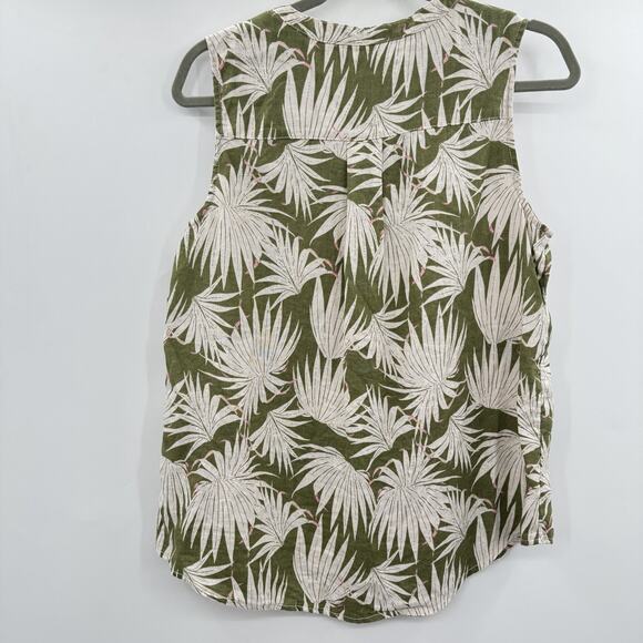 Tahari 100% Linen Tropical Floral Button Up Shirt Sz M Green Sleeveless Hawaiian - Picture 2 of 7